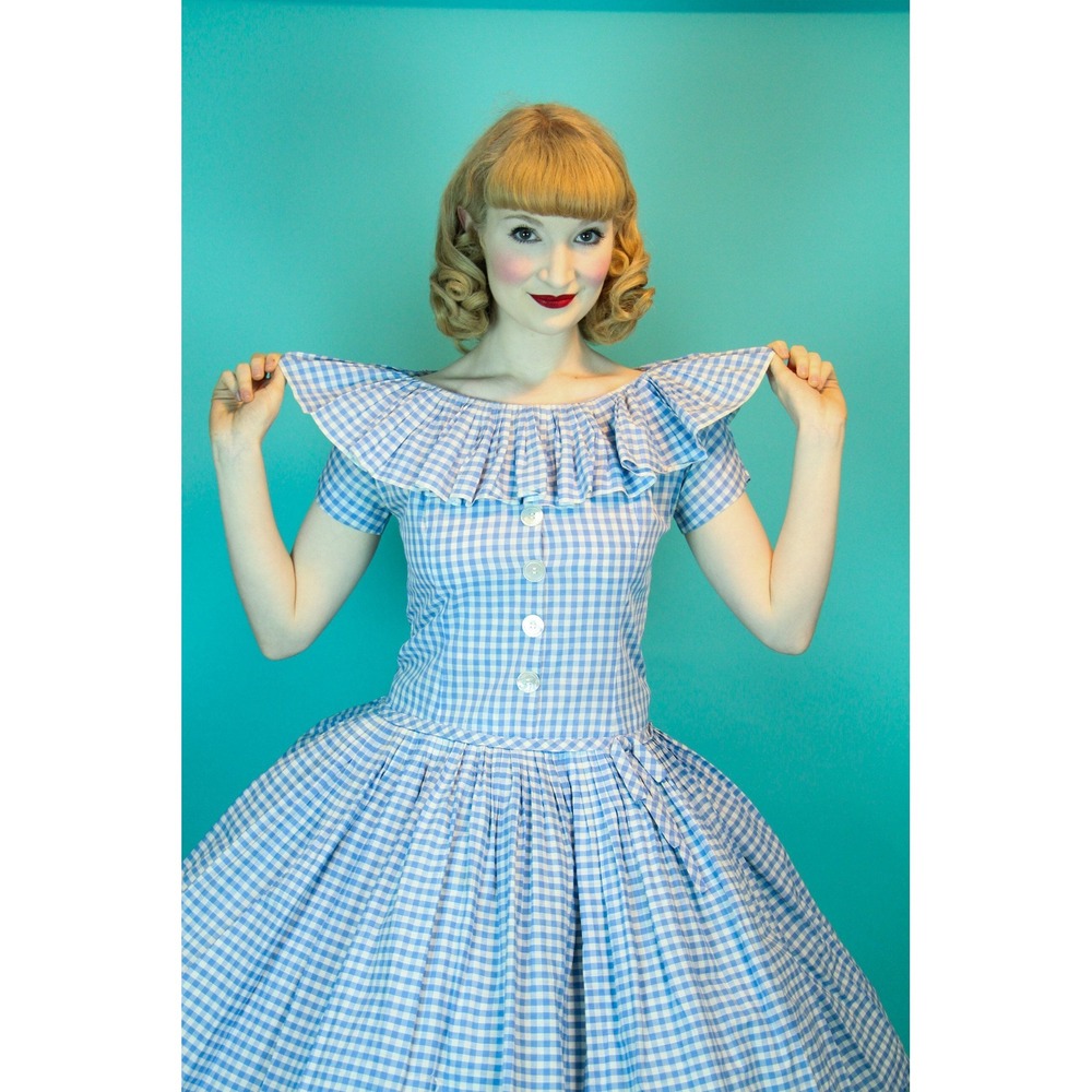 1950s Gingham Summer Dress, Blue Checkered Cotton, Ruffles Circle Skirt S